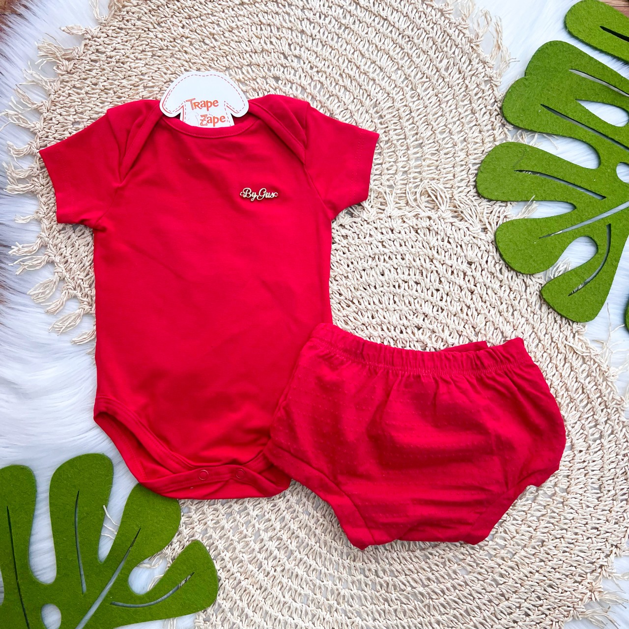 Conj. Body Manga Curta e Tapa Fralda Ana Bola com Laço - Vermelho